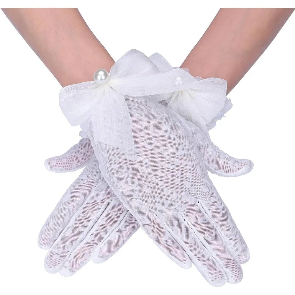 Women's Ivory Short Lace Pearl Bow Gloves Style Wedding Opera Party Prom